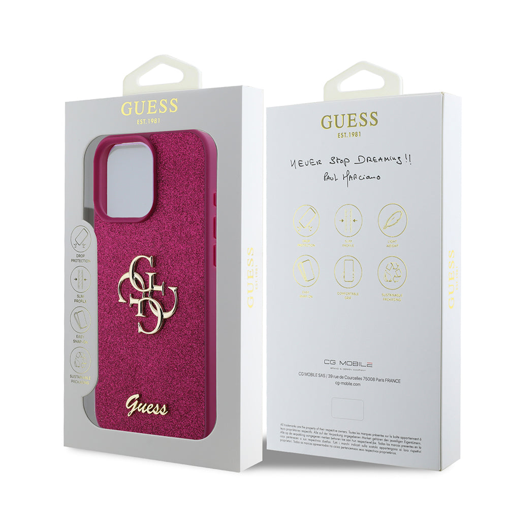 Etui til Apple iPhone 16 Pro, Guess, Glitter Big 4G Script, Magenta