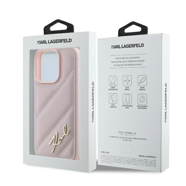 Etui til Apple iPhone 16 Pro, Karl Lagerfeld, Diagonal Quilted Script, Pink