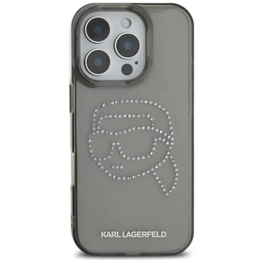 Etui til Apple iPhone 16 Pro, Karl Lagerfeld, IML Rhinestones Karl's Head, Sort