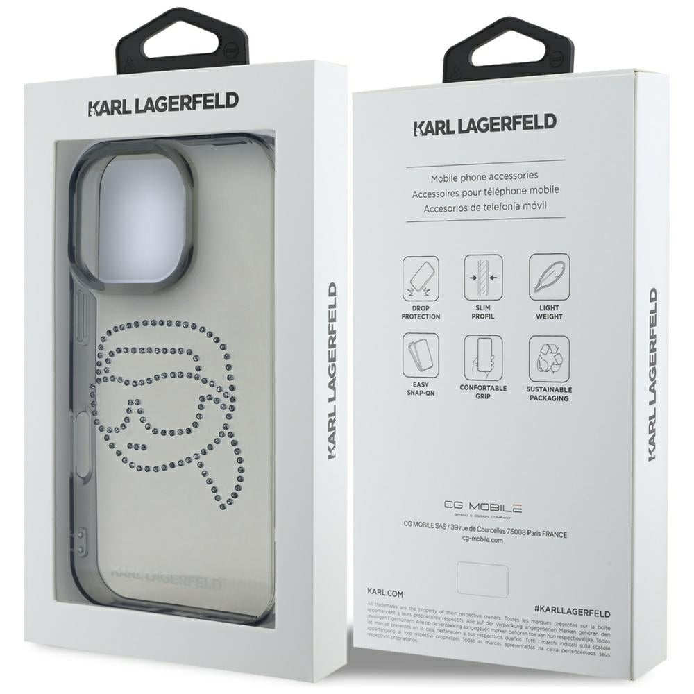 Etui til Apple iPhone 16 Pro, Karl Lagerfeld, IML Rhinestones Karl's Head, Sort