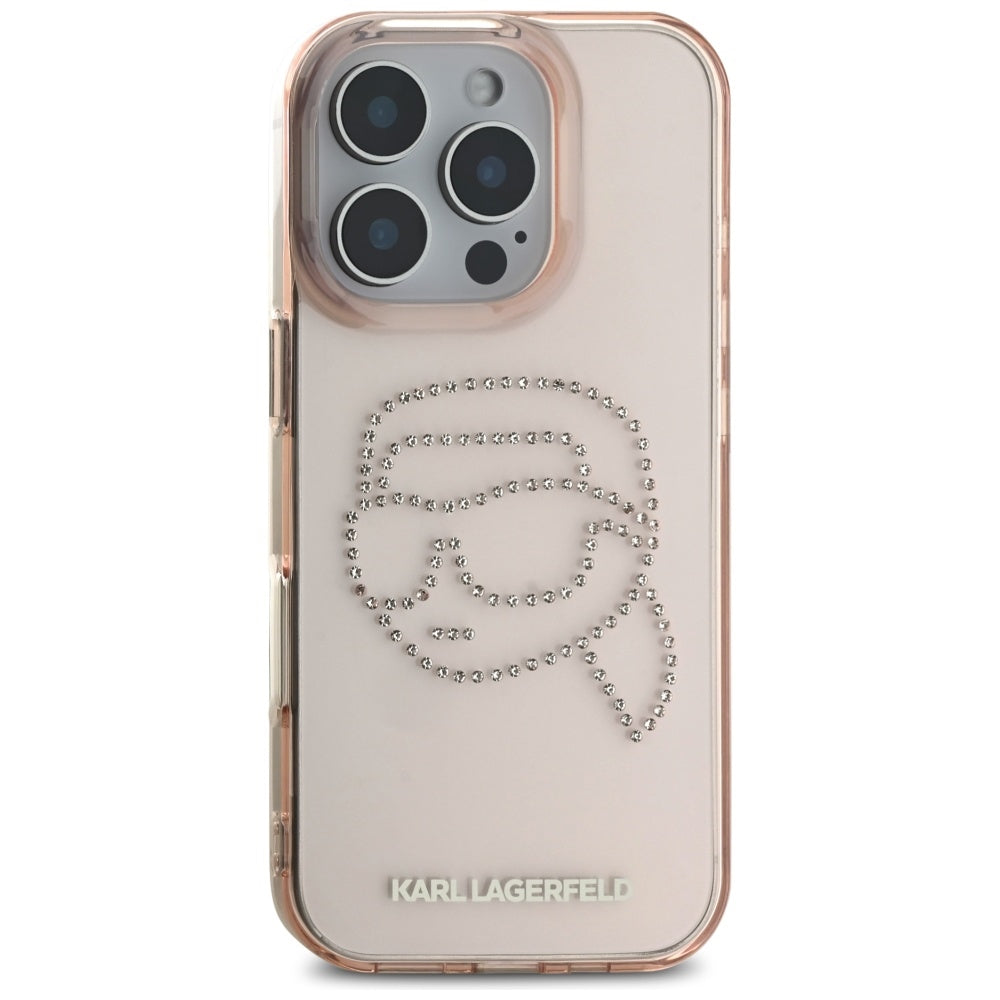 Etui til Apple iPhone 16 Pro, Karl Lagerfeld, IML Rhinestones Karl's Head, Pink