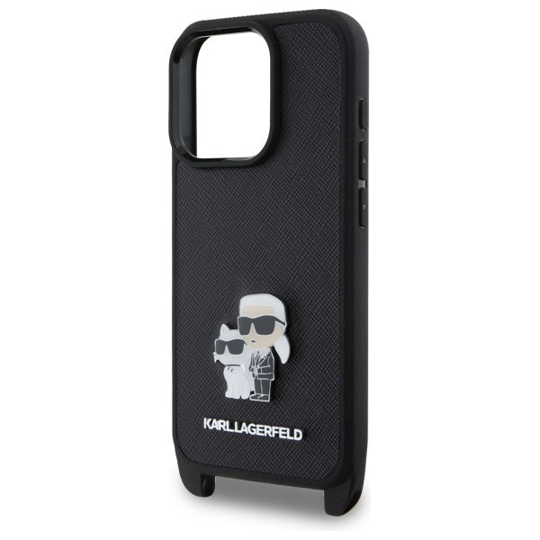 Etui til Apple iPhone 16 Pro, Karl Lagerfeld, Saffiano Crossbody Metal Pin Karl & Choupette, Sort
