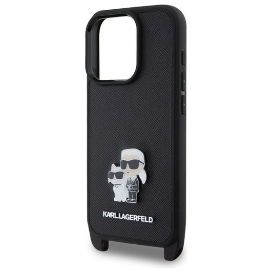 Etui til Apple iPhone 16 Pro, Karl Lagerfeld, Saffiano Crossbody Metal Pin Karl & Choupette, Sort
