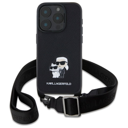 Etui til Apple iPhone 16 Pro, Karl Lagerfeld, Saffiano Crossbody Metal Pin Karl & Choupette, Sort