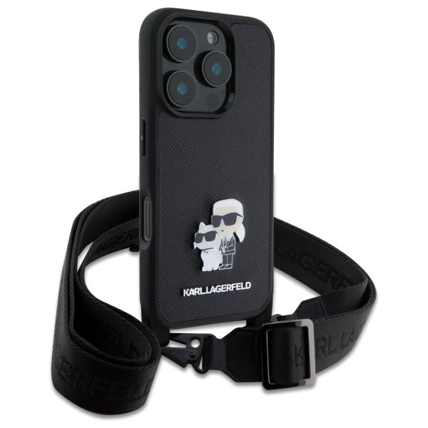 Etui til Apple iPhone 16 Pro, Karl Lagerfeld, Saffiano Crossbody Metal Pin Karl & Choupette, Sort