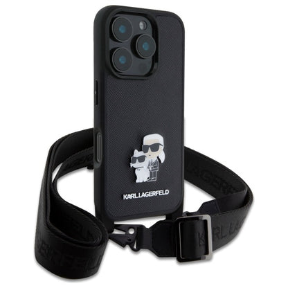 Etui til Apple iPhone 16 Pro, Karl Lagerfeld, Saffiano Crossbody Metal Pin Karl & Choupette, Sort