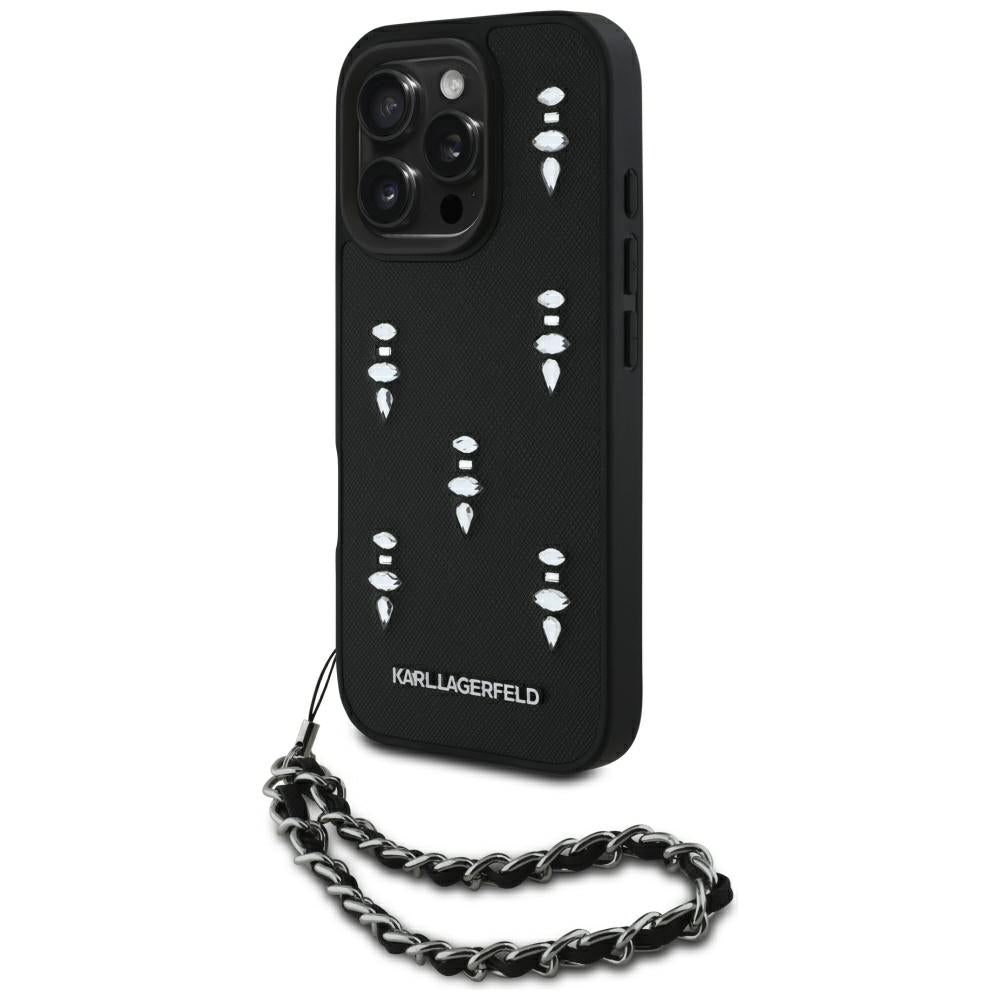 Etui til Apple iPhone 16 Pro, Karl Lagerfeld, Saffiano Crystals & Charm, Sort