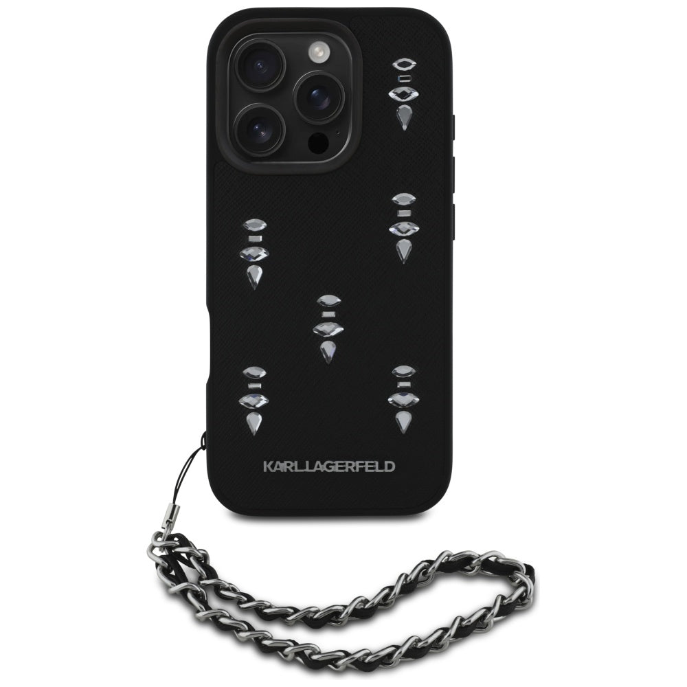 Etui til Apple iPhone 16 Pro, Karl Lagerfeld, Saffiano Crystals & Charm, Sort