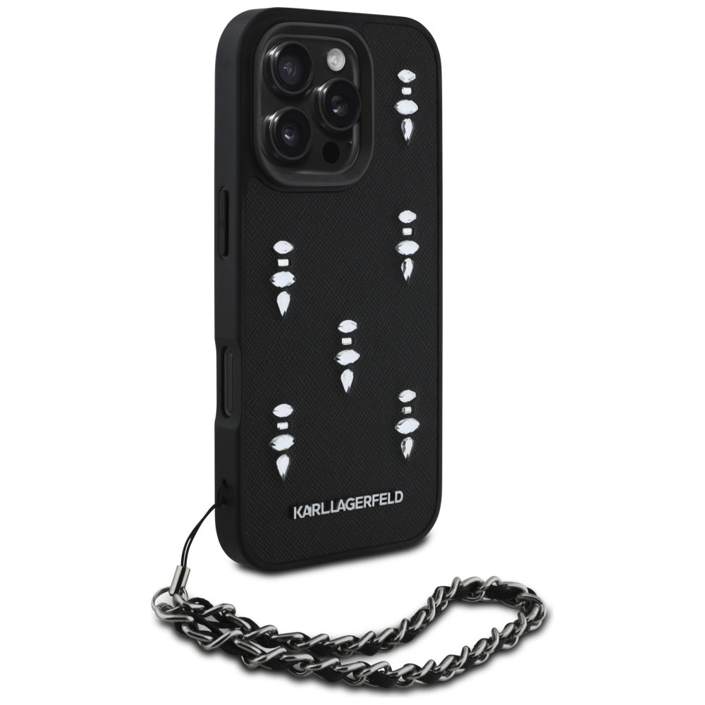 Etui til Apple iPhone 16 Pro, Karl Lagerfeld, Saffiano Crystals & Charm, Sort