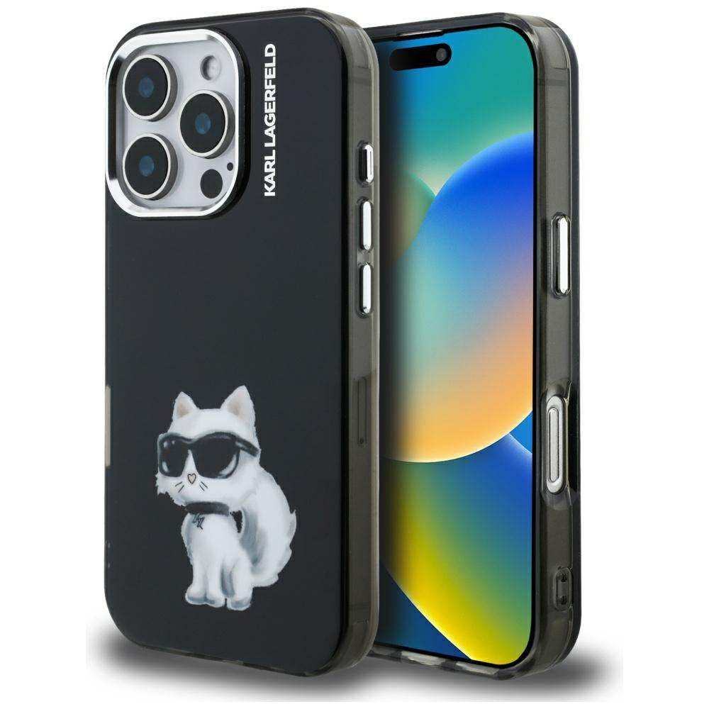Etui til Apple iPhone 16 Pro Max, Karl Lagerfeld, IML Aquarelle Logo Choupette, Sort