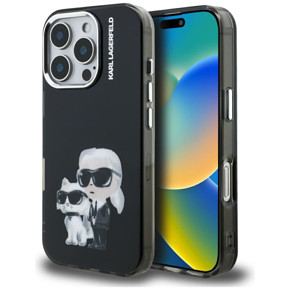 Etui til Apple iPhone 16 Pro Max, Karl Lagerfeld, IML Aquarelle Logo Karl & Choupette, Sort
