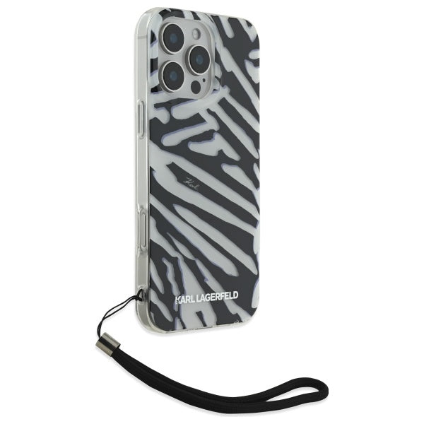 Etui til Apple iPhone 16 Pro Max, Karl Lagerfeld, IML Luxury Zebra Mønster med Strop, Sort