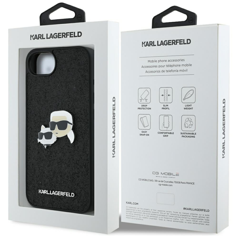 Cover til Apple iPhone 16e, Karl Lagerfeld, Glitter Fixed Karl & Choupette's Heads, Blå