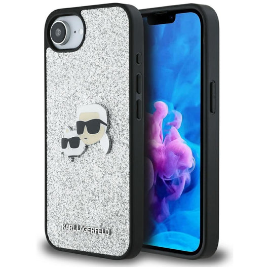 Etui til Apple iPhone 16e, Karl Lagerfeld, Glitter Fixed Karl & Choupette's Heads, Sølvfarvet
