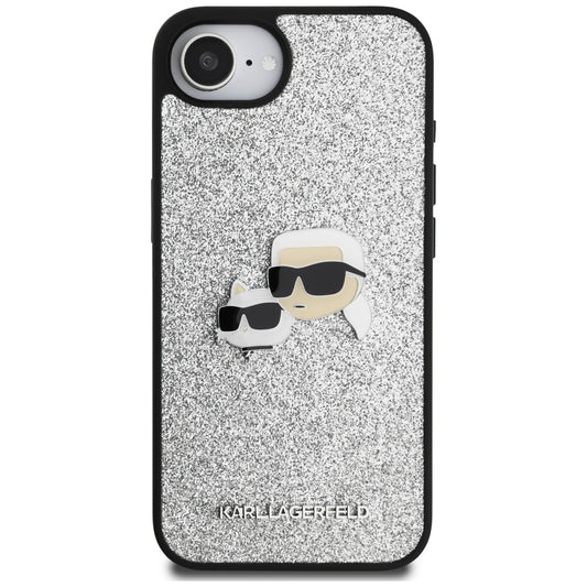 Etui til Apple iPhone 16e, Karl Lagerfeld, Glitter Fixed Karl & Choupette's Heads, Sølvfarvet