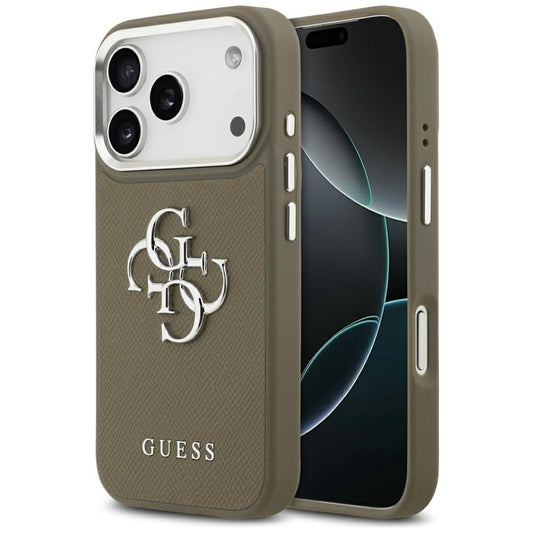 Etui til Apple iPhone 17 Pro, Guess, 4G Grained Big And Classic Logo, Brun Sølvfarvet