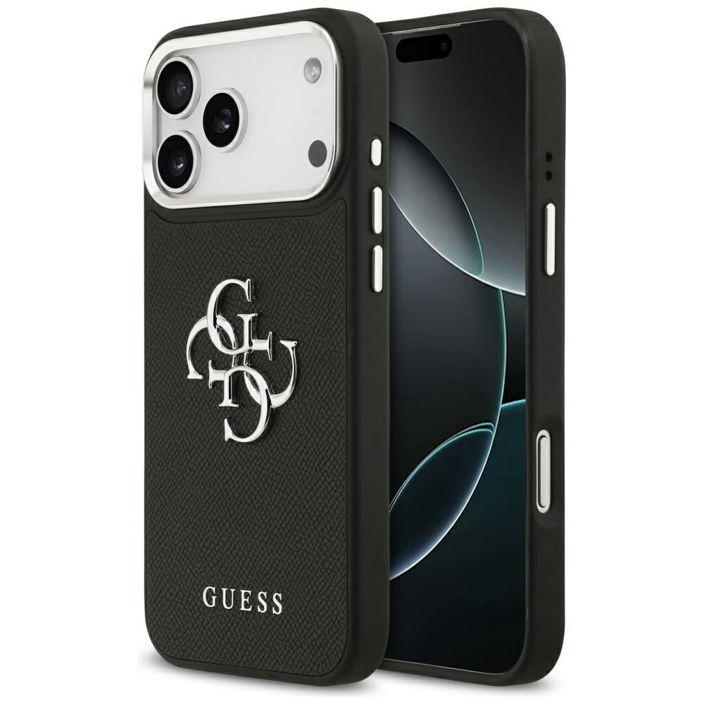 Etui til Apple iPhone 17 Pro, Guess, 4G Grained Big and Classic Logo, Sort Sølvfarvet