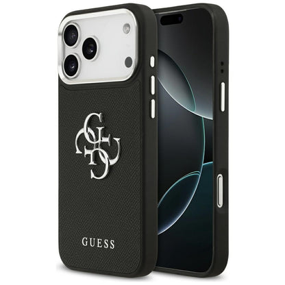 Etui til Apple iPhone 17 Pro, Guess, 4G Grained Big and Classic Logo, Sort Sølvfarvet