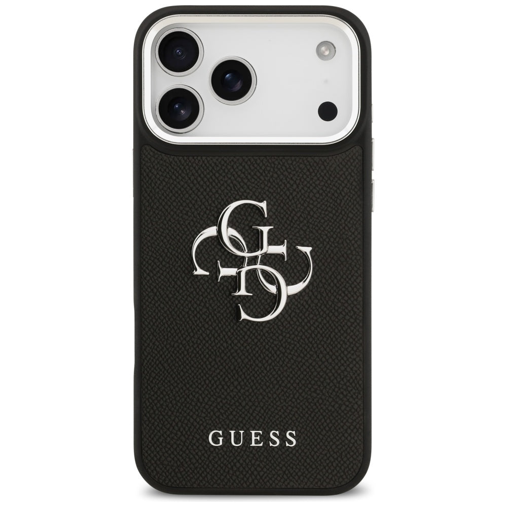 Etui til Apple iPhone 17 Pro, Guess, 4G Grained Big and Classic Logo, Sort Sølvfarvet