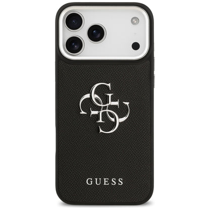 Etui til Apple iPhone 17 Pro, Guess, 4G Grained Big and Classic Logo, Sort Sølvfarvet