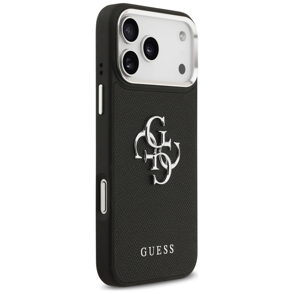 Etui til Apple iPhone 17 Pro, Guess, 4G Grained Big and Classic Logo, Sort Sølvfarvet