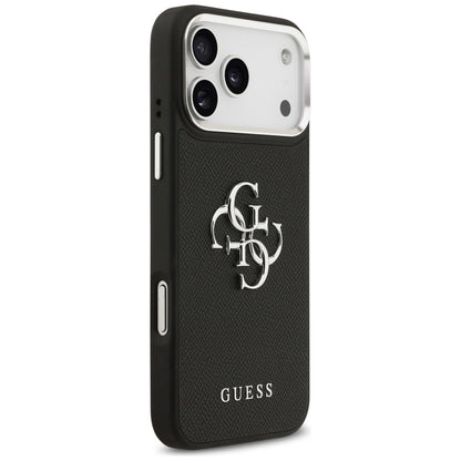 Etui til Apple iPhone 17 Pro, Guess, 4G Grained Big and Classic Logo, Sort Sølvfarvet