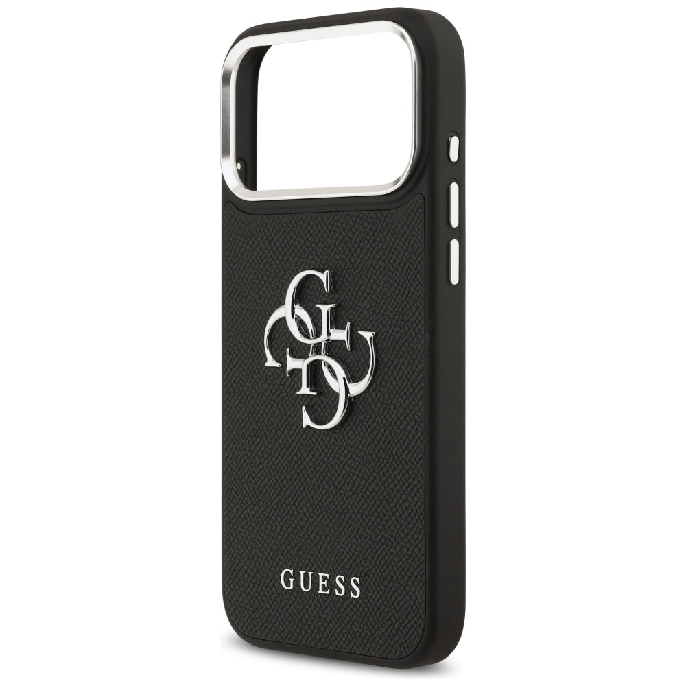 Etui til Apple iPhone 17 Pro, Guess, 4G Grained Big and Classic Logo, Sort Sølvfarvet