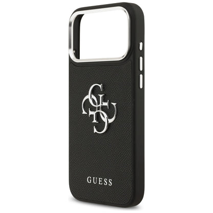 Etui til Apple iPhone 17 Pro, Guess, 4G Grained Big and Classic Logo, Sort Sølvfarvet