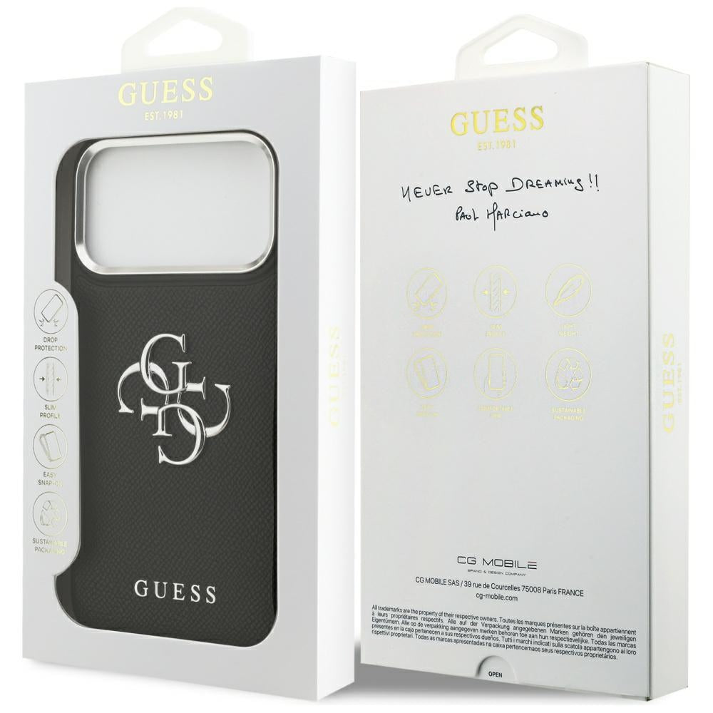 Etui til Apple iPhone 17 Pro, Guess, 4G Grained Big and Classic Logo, Sort Sølvfarvet