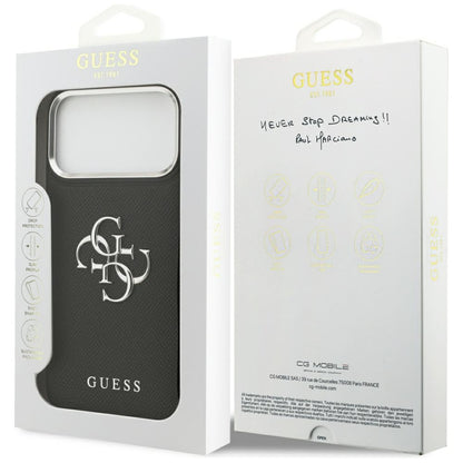 Etui til Apple iPhone 17 Pro, Guess, 4G Grained Big and Classic Logo, Sort Sølvfarvet