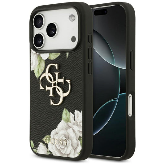 Etui til Apple iPhone 17 Pro, Guess, 4G Grained Roses Big Logo, Sort
