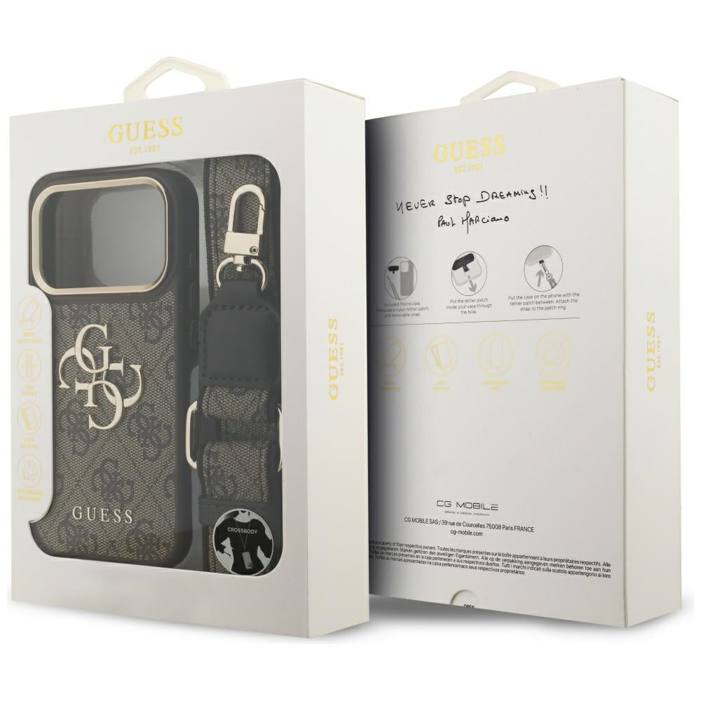 Etui til Apple iPhone 17 Pro, Guess, Big 4G Classic Logo med stor rem, Brun