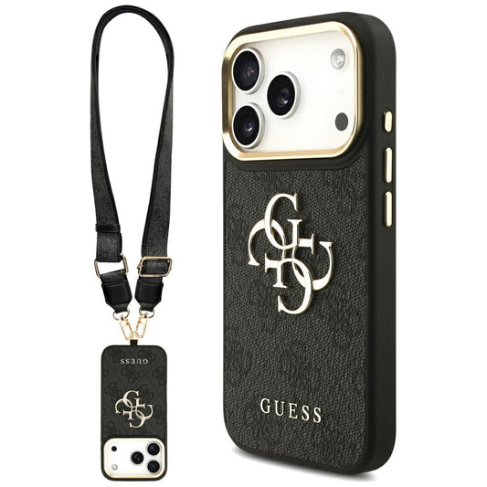 Etui til Apple iPhone 17 Pro, Guess, Big 4G Classic Logo med stor rem, Sort