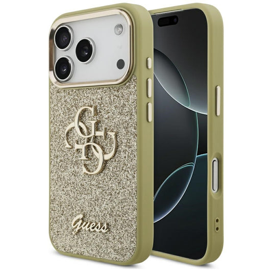 Etui til Apple iPhone 17 Pro, Guess, Fixed Glitter Big 4G Metal Frame, Gylden