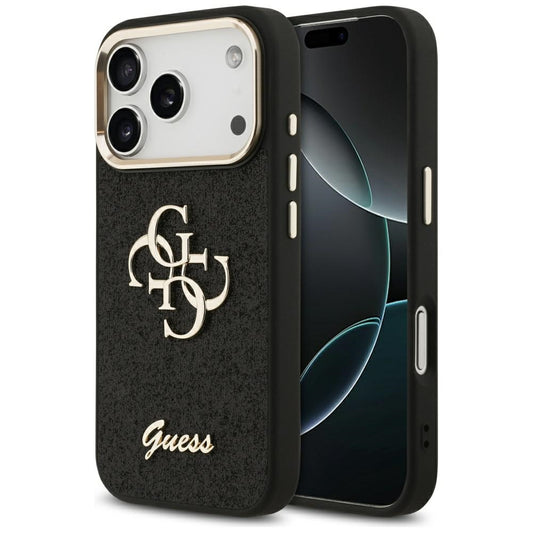 Etui til Apple iPhone 17 Pro, Guess, Fixed Glitter Big 4G Metal Frame, Sort