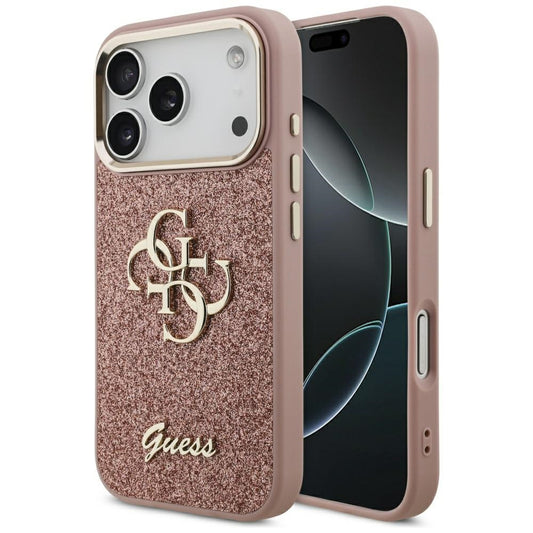 Etui til Apple iPhone 17 Pro, Guess, Fixed Glitter Big 4G Metal Frame, Pink