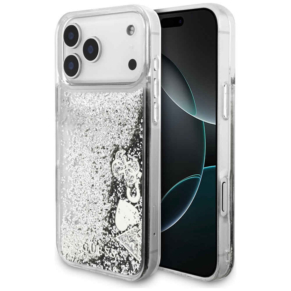Etui til Apple iPhone 17 Pro, Guess, Liquid Glitter Charms, Sølvfarvet