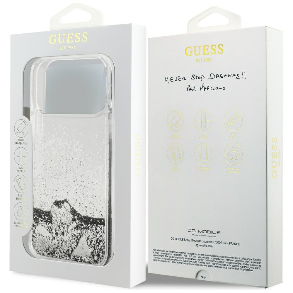 Etui til Apple iPhone 17 Pro, Guess, Liquid Glitter Charms, Sølvfarvet