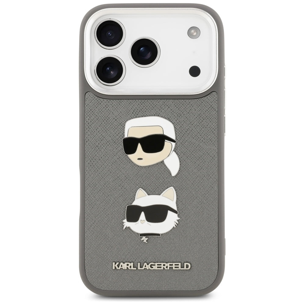 Case for Apple iPhone 17 Pro, Karl Lagerfeld, Grained Karl & Choupette's Heads Pins and Logo, Grey