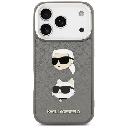 Case for Apple iPhone 17 Pro, Karl Lagerfeld, Grained Karl & Choupette's Heads Pins and Logo, Grey