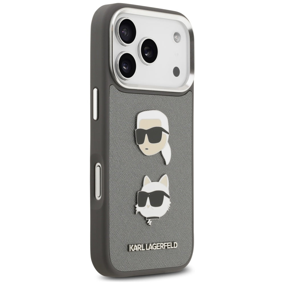 Case for Apple iPhone 17 Pro, Karl Lagerfeld, Grained Karl & Choupette's Heads Pins and Logo, Grey