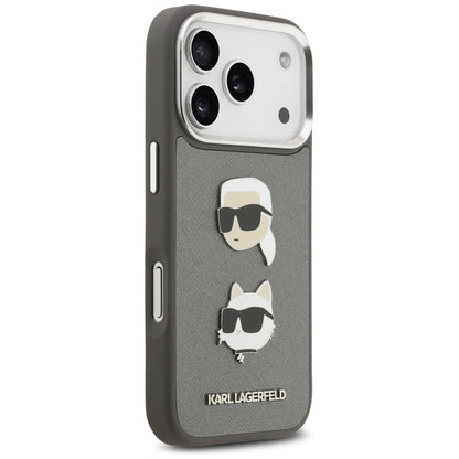 Case for Apple iPhone 17 Pro, Karl Lagerfeld, Grained Karl & Choupette's Heads Pins and Logo, Grey
