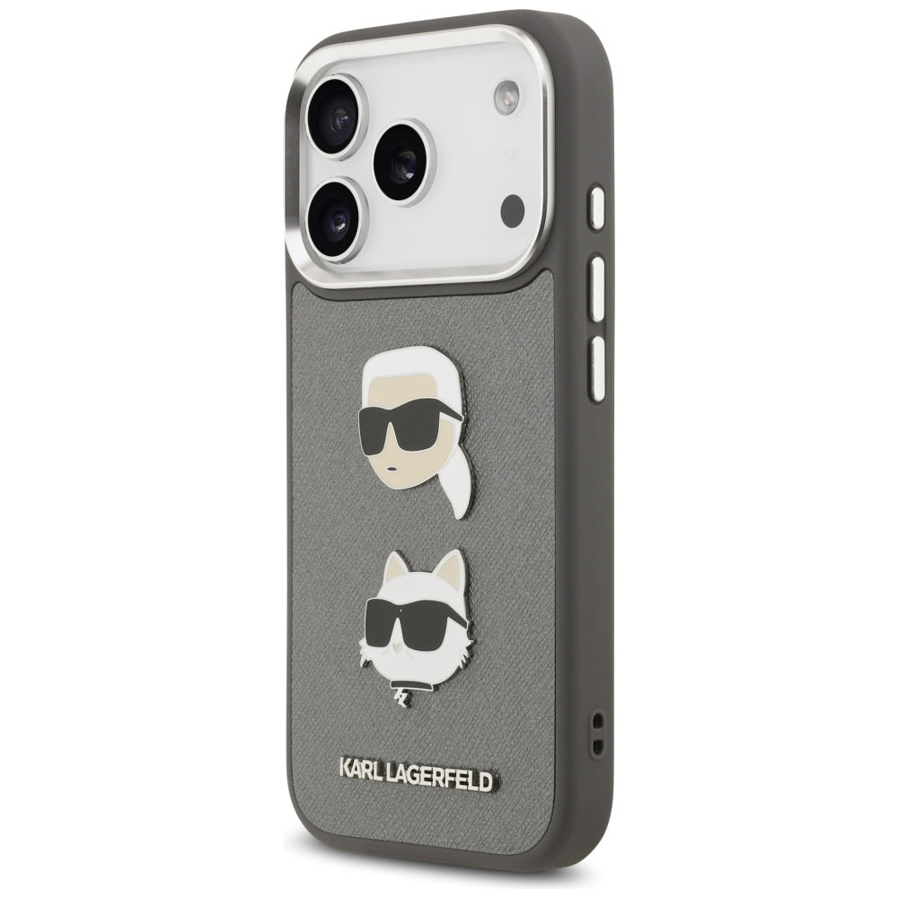 Case for Apple iPhone 17 Pro, Karl Lagerfeld, Grained Karl & Choupette's Heads Pins and Logo, Grey