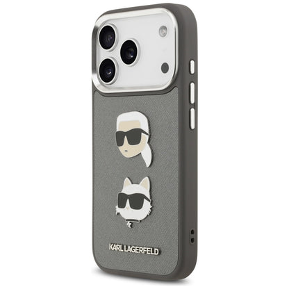 Case for Apple iPhone 17 Pro, Karl Lagerfeld, Grained Karl & Choupette's Heads Pins and Logo, Grey
