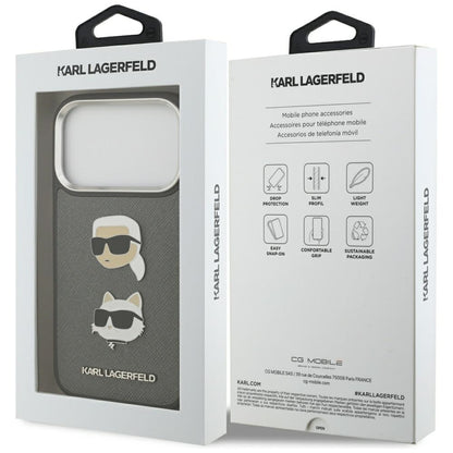 Case for Apple iPhone 17 Pro, Karl Lagerfeld, Grained Karl & Choupette's Heads Pins and Logo, Grey
