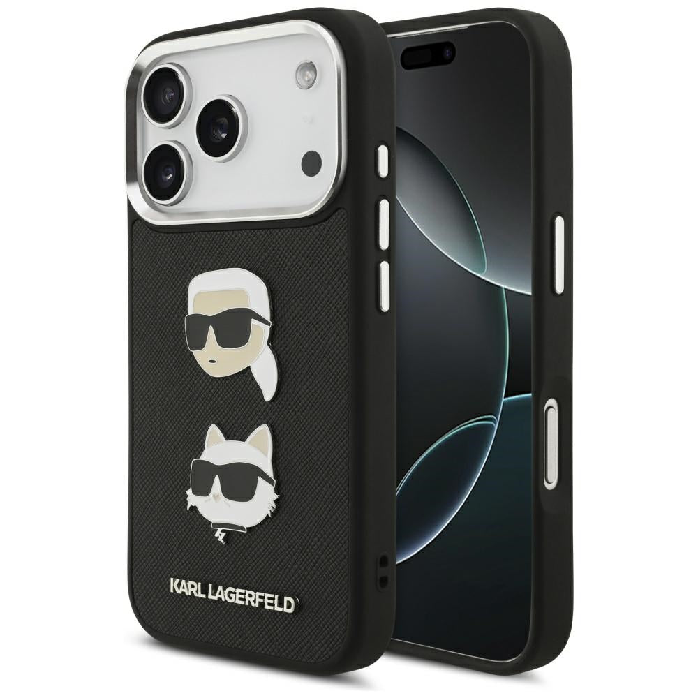 Etui til Apple iPhone 17 Pro, Karl Lagerfeld, Grained Karl & Choupette's Heads Pins and Logo, Sort
