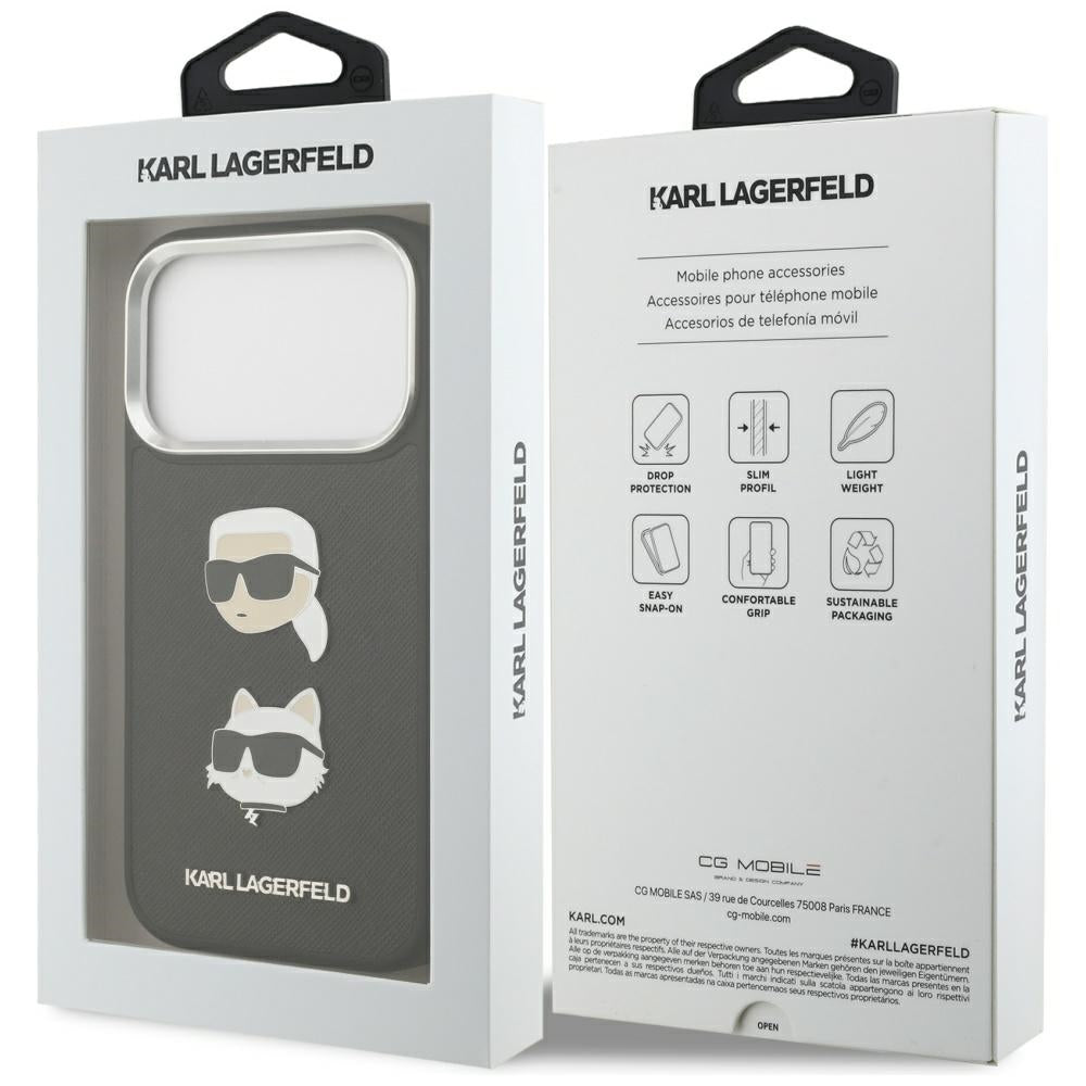 Etui til Apple iPhone 17 Pro, Karl Lagerfeld, Grained Karl & Choupette's Heads Pins and Logo, Sort