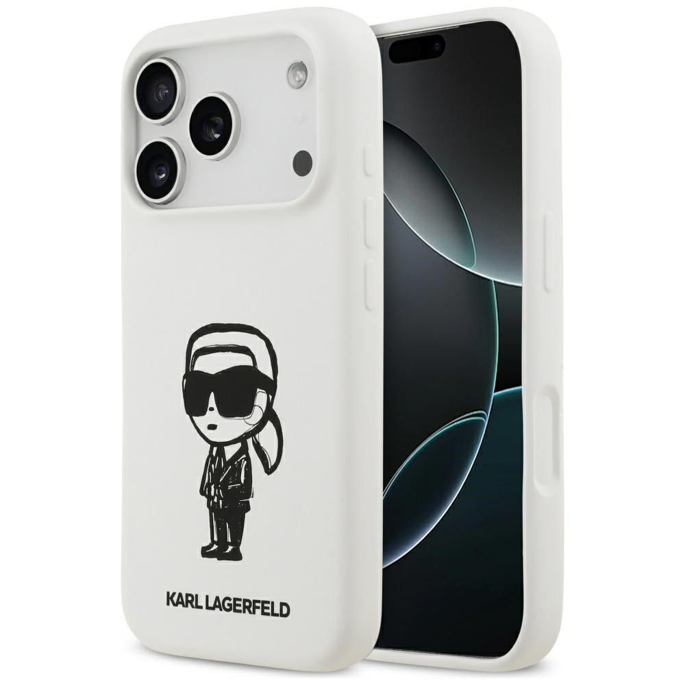 Etui til Apple iPhone 17 Pro, Karl Lagerfeld, Sketch and Logo Karl, Hvid