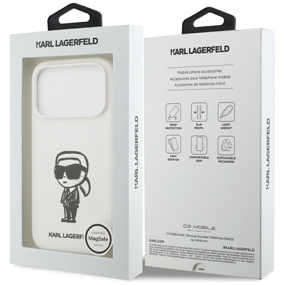 Etui til Apple iPhone 17 Pro, Karl Lagerfeld, Sketch and Logo Karl, Hvid