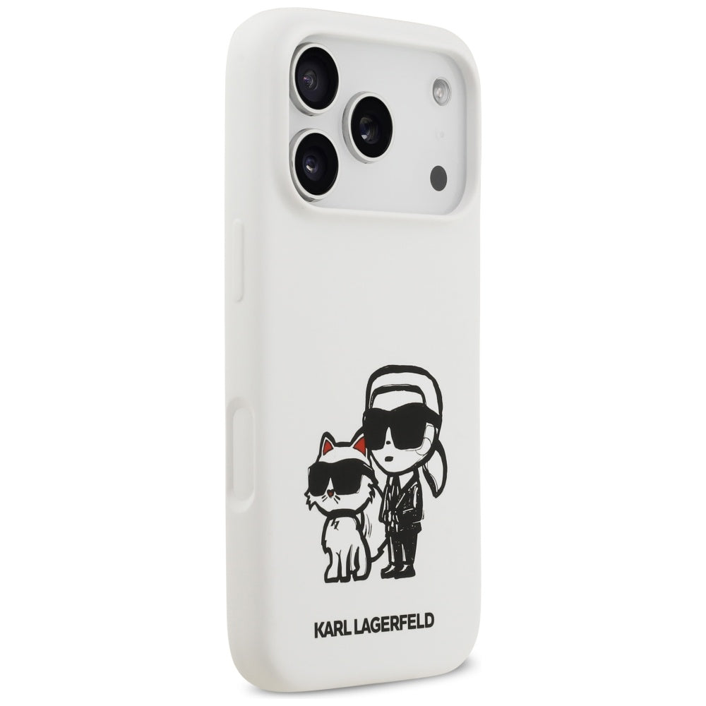 Etui til Apple iPhone 17 Pro, Karl Lagerfeld, Sketch and Logo Karl & Choupette, Hvid